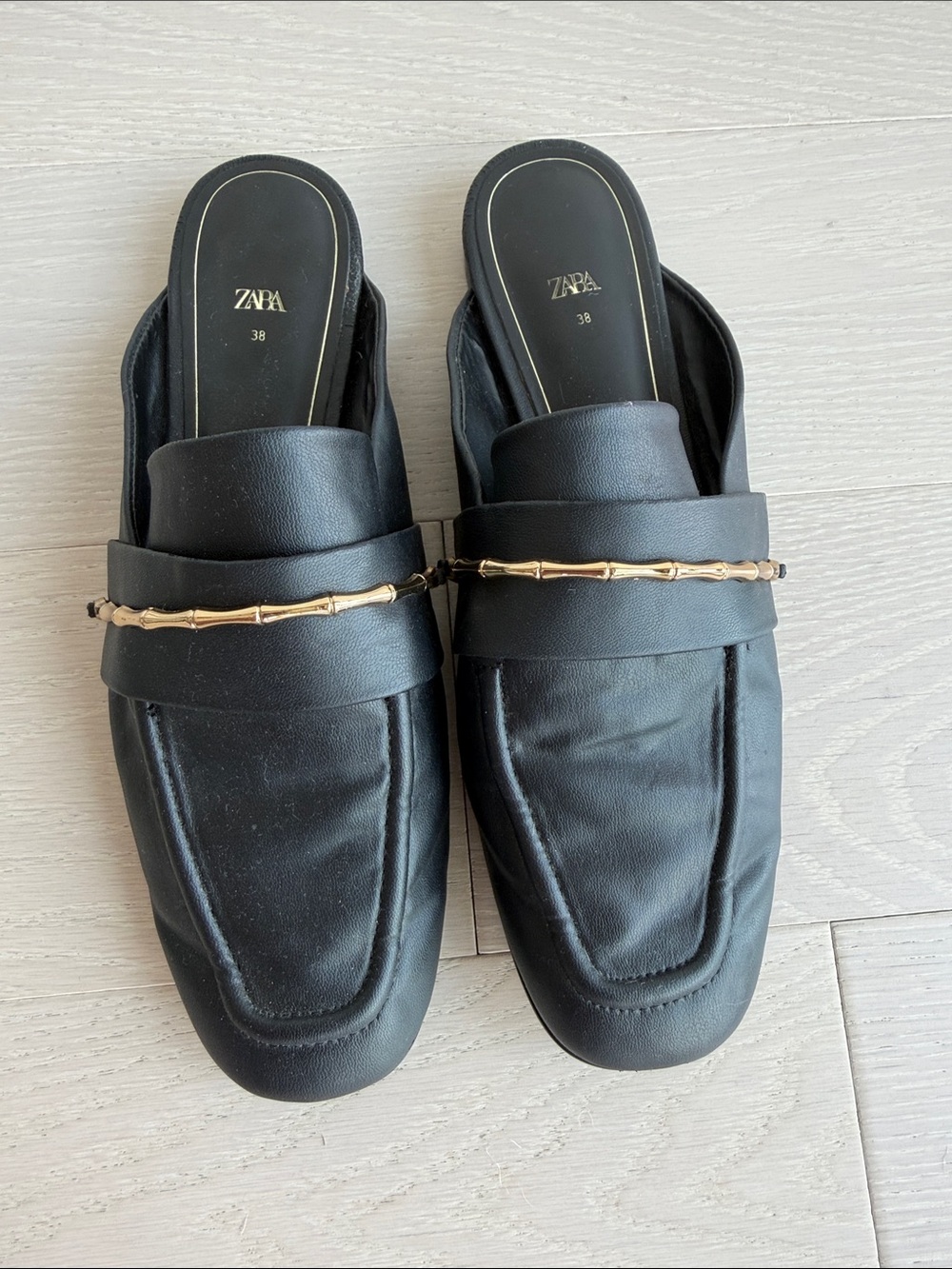 ZARA Black Leather-Look Slip-On Mules with Gold Accent Size 38